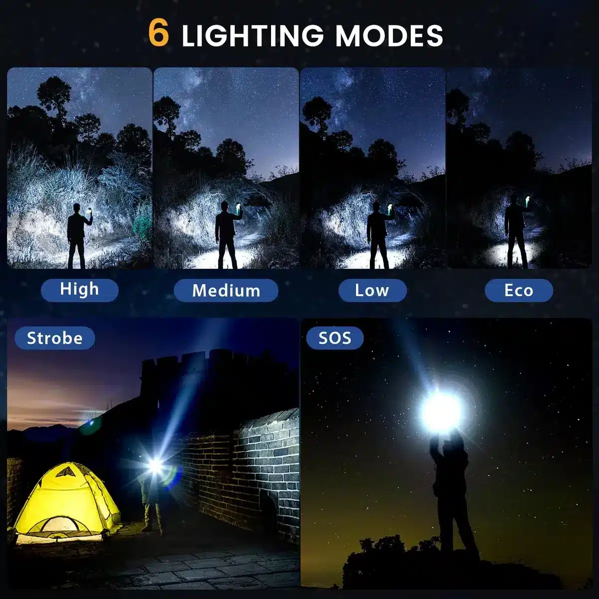 1KM Long Range Flashlight with OSRAM LED – Rechargeable Waterproof 6 Modes 1 1 Experience superior illumination with this rechargeable flashlight, featuring a German OSRAM P8 LED for an impressive 1,000-meter beam distance. Its zoomable focus and durable, aircraft-grade aluminum construction make it ideal for various outdoor activities and emergency preparedness. It is also IPX6 water-resistant, making it suitable for camping, hiking, security, and tactical use.
🛠️Key Features:: ✅ Super Bright OSRAM P8 LED – Up to 1,000 meters beam distance
✅ Zoomable Focus – Switch from wide floodlight to narrow spotlight
✅ 3000mAh 21700 Rechargeable Battery – Long runtime
✅ 6 Lighting Modes – High / Medium / Low / Eco / Strobe / SOS
✅ Mode Memory Function – Remembers last brightness setting (excluding flash modes)
✅ Single Button Control – Easy one-hand operation
✅ Durable Build – Aircraft-grade aluminum body, IPX6 water-resistant
✅ Compact & Portable – Perfect for travel, camping, hiking, or emergencies ⬇️SCROLL DOWN TO SEE DESCRIPTION⬇️