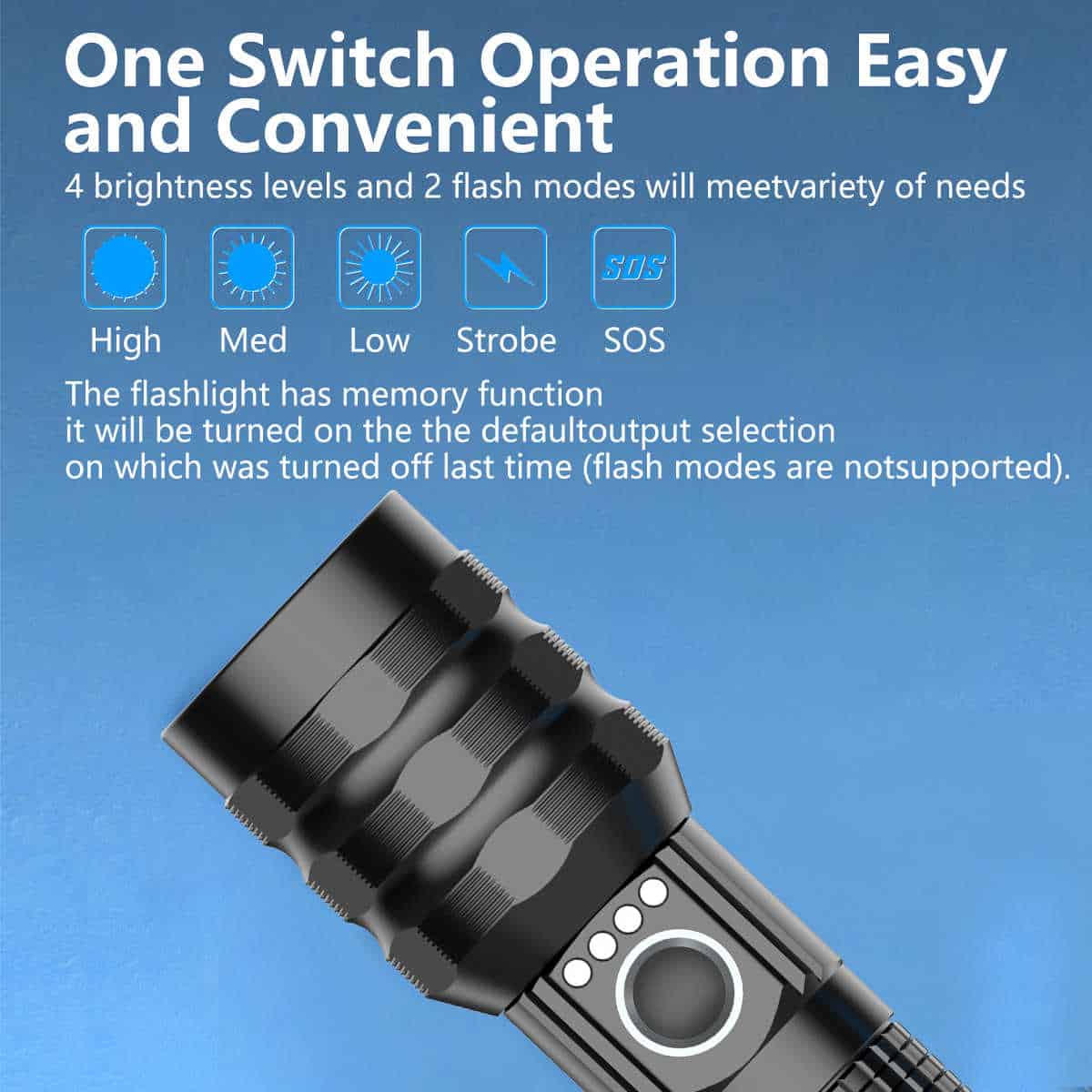 1KM Long Range Flashlight with OSRAM LED – Rechargeable Waterproof 6 Modes 6 Experience superior illumination with this rechargeable flashlight, featuring a German OSRAM P8 LED for an impressive 1,000-meter beam distance. Its zoomable focus and durable, aircraft-grade aluminum construction make it ideal for various outdoor activities and emergency preparedness. It is also IPX6 water-resistant, making it suitable for camping, hiking, security, and tactical use.
🛠️Key Features:: ✅ Super Bright OSRAM P8 LED – Up to 1,000 meters beam distance
✅ Zoomable Focus – Switch from wide floodlight to narrow spotlight
✅ 3000mAh 21700 Rechargeable Battery – Long runtime
✅ 6 Lighting Modes – High / Medium / Low / Eco / Strobe / SOS
✅ Mode Memory Function – Remembers last brightness setting (excluding flash modes)
✅ Single Button Control – Easy one-hand operation
✅ Durable Build – Aircraft-grade aluminum body, IPX6 water-resistant
✅ Compact & Portable – Perfect for travel, camping, hiking, or emergencies ⬇️SCROLL DOWN TO SEE DESCRIPTION⬇️