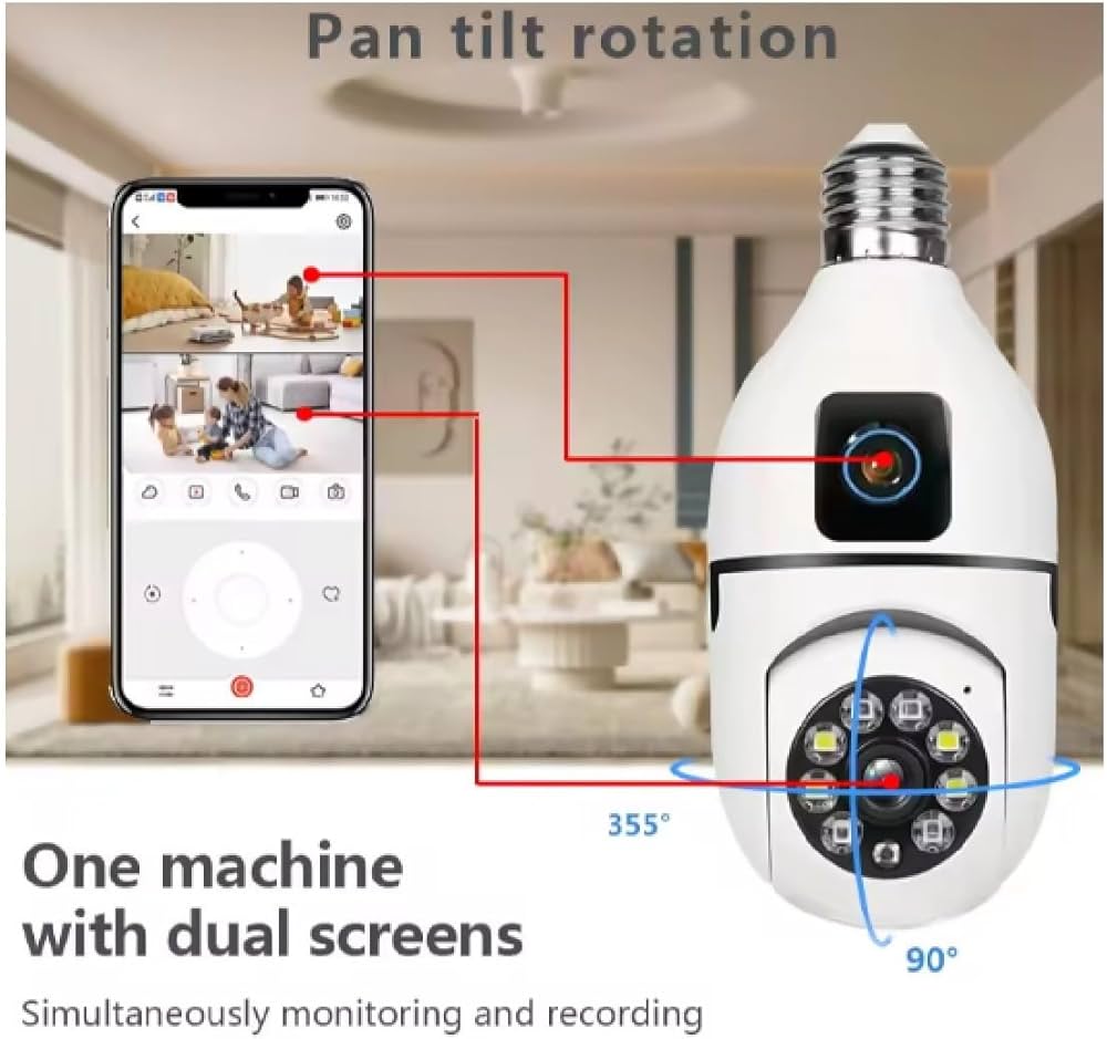 61wMjDNnZcL. AC UF10001000 QL80 Enhance your home security with the WiFi Dual V380 Bulb Camera, a discreet 2-in-1 surveillance system that fits into any standard E27 light socket. Featuring dual lenses for 360° coverage, motion tracking, two-way audio, and full-color night vision, this camera offers comprehensive monitoring via the V380 Pro app. It’s ideal for home security, office surveillance, and monitoring entryways, and can also be used for baby monitoring or pet watching.
🛠️Key Features: ✅ Dual-lens system offers 360° coverage with one fixed and one rotating lens.
✅ Connects wirelessly via 2.4GHz Wi-Fi for easy setup and remote access.
✅ Utilizes the V380 Pro app for live viewing, playback, and camera control.
✅ AI-powered motion detection automatically tracks movement for enhanced security.
✅ Full-color night vision provides clear footage in low-light conditions.
✅ Two-way audio allows for real-time communication through the camera.
✅ Supports up to 128GB microSD cards for local storage; cloud storage available.
✅ Provides real-time alerts via SMS or app for detected motion.
✅ Installs easily into any standard E27 light socket without additional wiring.
✅ Allows for multi-user sharing of camera access with family members. ⬇️SCROLL DOWN TO SEE DESCRIPTION⬇️