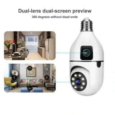 V380 Dual Lens WiFi Bulb Camera 5MP 1080p with 360° tracking, night vision, two-way audio, ideal for Nairobi, Kenya.