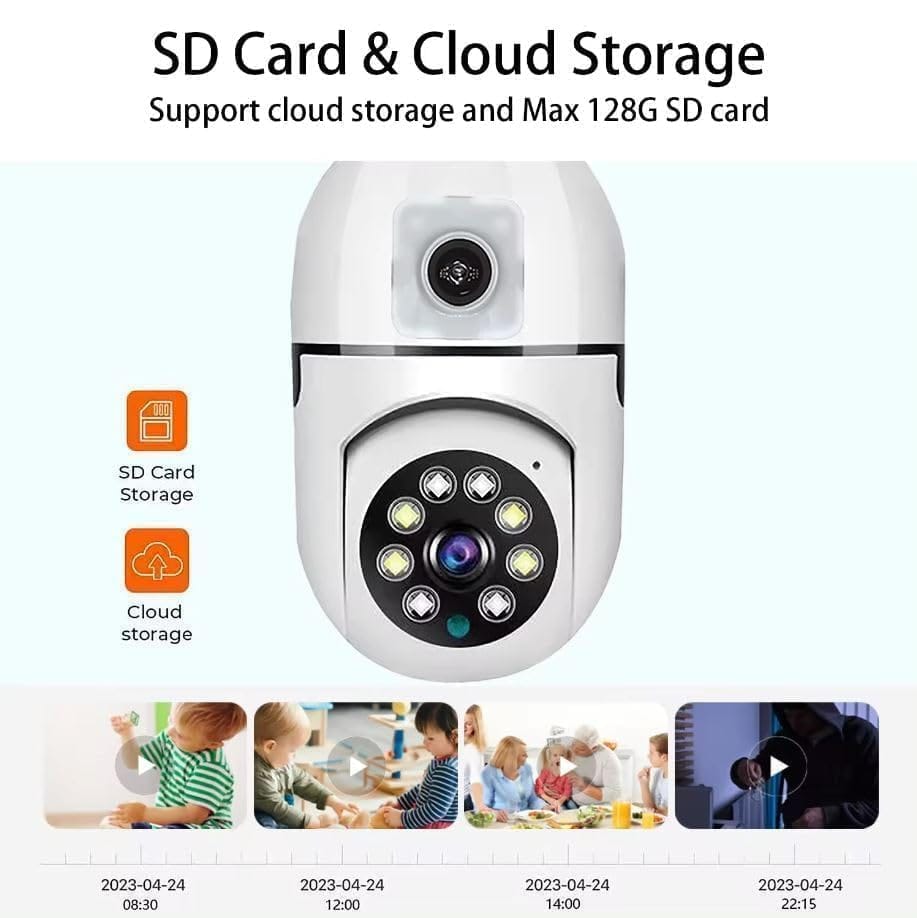 WiFi Dual V380 Bulb Camera 5 Enhance your home security with the WiFi Dual V380 Bulb Camera, a discreet 2-in-1 surveillance system that fits into any standard E27 light socket. Featuring dual lenses for 360° coverage, motion tracking, two-way audio, and full-color night vision, this camera offers comprehensive monitoring via the V380 Pro app. It’s ideal for home security, office surveillance, and monitoring entryways, and can also be used for baby monitoring or pet watching.
🛠️Key Features: ✅ Dual-lens system offers 360° coverage with one fixed and one rotating lens.
✅ Connects wirelessly via 2.4GHz Wi-Fi for easy setup and remote access.
✅ Utilizes the V380 Pro app for live viewing, playback, and camera control.
✅ AI-powered motion detection automatically tracks movement for enhanced security.
✅ Full-color night vision provides clear footage in low-light conditions.
✅ Two-way audio allows for real-time communication through the camera.
✅ Supports up to 128GB microSD cards for local storage; cloud storage available.
✅ Provides real-time alerts via SMS or app for detected motion.
✅ Installs easily into any standard E27 light socket without additional wiring.
✅ Allows for multi-user sharing of camera access with family members. ⬇️SCROLL DOWN TO SEE DESCRIPTION⬇️