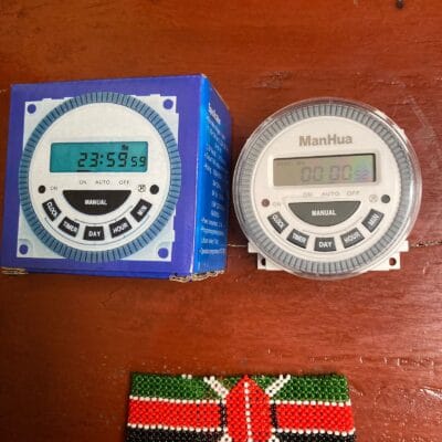 Manhua MT619HPV 12V 16A programmable DC timer switch with LCD for solar, pumps, and lights in Nairobi, Kenya.