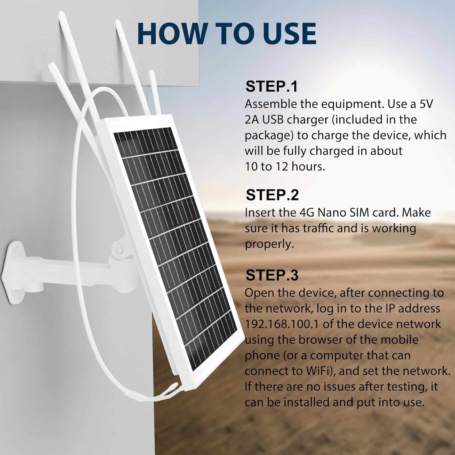 Solar Powered 4G LTE Modem Router with SIM – 25600mAh Battery Repeater Mode 5 Stay connected anywhere with this solar-powered 4G LTE WiFi modem router. Featuring a 25600mAh battery and 15W solar panel, it provides continuous internet access without electricity or wired connections. Its IP66-rated enclosure ensures durability in outdoor conditions, making it ideal for homes, campsites, RVs, and farms. 🛠️Key Features:: ✅ Powerful 25600mAh battery with 15W solar panel for 7-day uninterrupted use. ✅ 4G LTE modem and WiFi repeater modes support FDD, TDD LTE, and WCDMA. ✅ Creates a WiFi hotspot with up to 50 meters range and 300Mbps speeds. ✅ IP66 certified enclosure provides dustproof and waterproof protection. ✅ Works with any unlocked 4G SIM card (PIN disabled) from Kenyan or international carriers. ✅ Compatible with Windows Vista/7/8/8.1 and macOS X 10.7+. ✅ Easy setup: Mount, insert SIM, and power on for instant browsing. ✅ Durable plastic construction suitable for outdoor environments. ⬇️SCROLL DOWN TO SEE DESCRIPTION⬇️