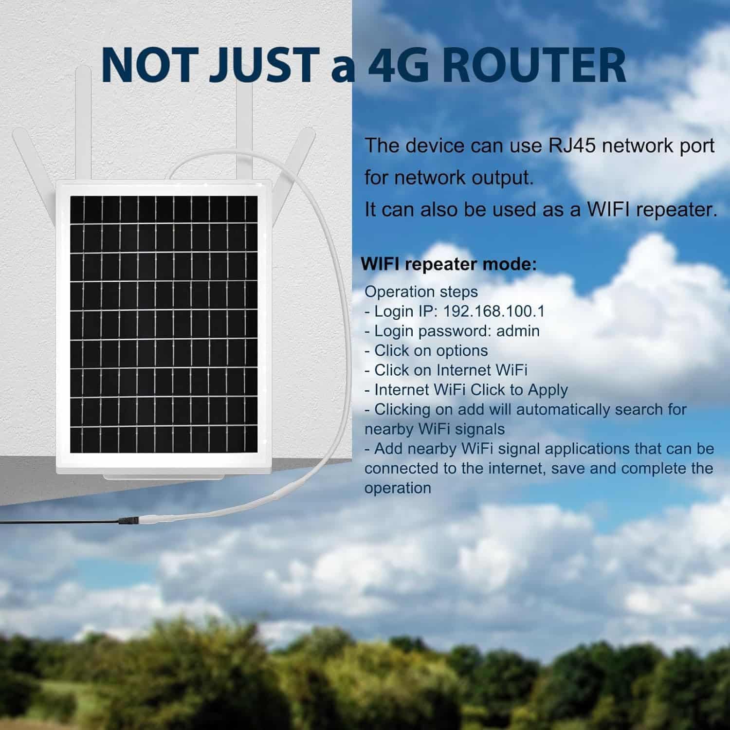 Solar Powered 4G LTE Modem Router with SIM – 25600mAh Battery Repeater Mode 6 Stay connected anywhere with this solar-powered 4G LTE WiFi modem router. Featuring a 25600mAh battery and 15W solar panel, it provides continuous internet access without electricity or wired connections. Its IP66-rated enclosure ensures durability in outdoor conditions, making it ideal for homes, campsites, RVs, and farms. 🛠️Key Features:: ✅ Powerful 25600mAh battery with 15W solar panel for 7-day uninterrupted use. ✅ 4G LTE modem and WiFi repeater modes support FDD, TDD LTE, and WCDMA. ✅ Creates a WiFi hotspot with up to 50 meters range and 300Mbps speeds. ✅ IP66 certified enclosure provides dustproof and waterproof protection. ✅ Works with any unlocked 4G SIM card (PIN disabled) from Kenyan or international carriers. ✅ Compatible with Windows Vista/7/8/8.1 and macOS X 10.7+. ✅ Easy setup: Mount, insert SIM, and power on for instant browsing. ✅ Durable plastic construction suitable for outdoor environments. ⬇️SCROLL DOWN TO SEE DESCRIPTION⬇️