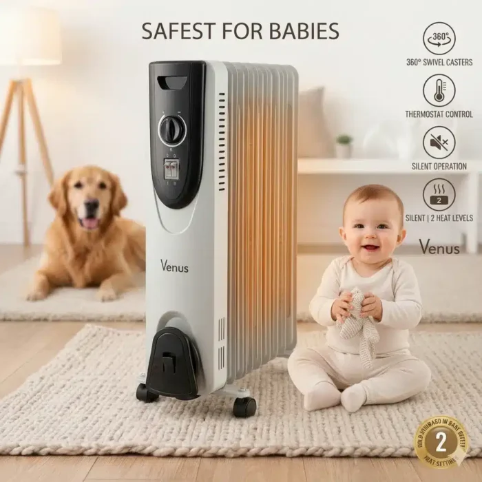 Safest Room Heater for babies, elderly, pets -- Venus HY-C5-9 Oil Heater (2000W) | 9 Fins Silent Radiator for bedrooms