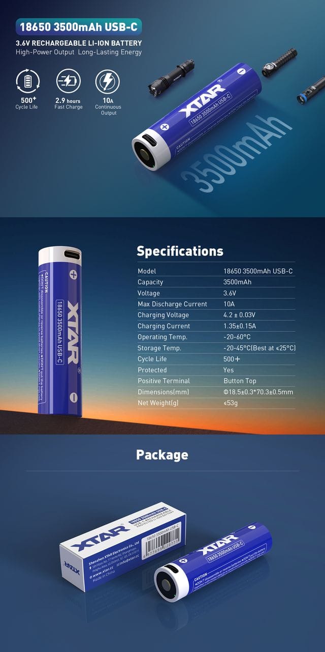 XTAR 18650 3500mAh Battery with USB-C Input – LED Torches & High-Drain Devices