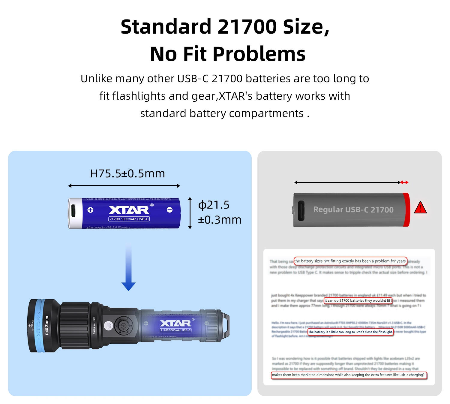 XTAR 21700 5000mAh Flat-Top Battery – USB-C Input, Ideal for Flashlights e.t.c 4 XTAR 21700 5000mAh Flat Top Battery – USB C Input Ideal for Flashlights e.t.c 2 The XTAR 21700 5000mAh USB‑C Li‑ion Battery (Flat Top) is a high-capacity, high-performance battery designed for flashlights, EDC gear, and outdoor devices. Its flat-top design ensures wide compatibility with popular brands like Ledlenser, Olight, Fenix, and Nitecore. With a built-in Type-C USB input for fast and convenient charging, plus a battery level indicator, you always know how much power is left. Supporting up to 10A continuous discharge and ~800 recharge cycles, it delivers reliable power wherever you go. Perfect for daily use, outdoor adventures, or emergency backup.