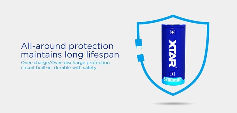 XTAR 26650 5200mAh Flat-Top Li-ion Battery for Flashlights, 10 Amps – Protected with PCB 4 XTAR 26650 5200mAh Flat Top Li ion Battery for Flashlights – Protected with PCB 1 26650 5200mAh rechargeable protected flat top Li-ion battery, designed for flashlights. • Real 5200mAh capacity, make it even more durable • Low internal resistance, high Energy Efficiency • Stable Voltage Output