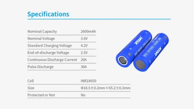 XTAR-INR-18650-2600mAh-High-Drain-Li-ion-Unprotected-Battery-for-Vapes-EDC-and-High-Power-Devices-2030A-flat-top