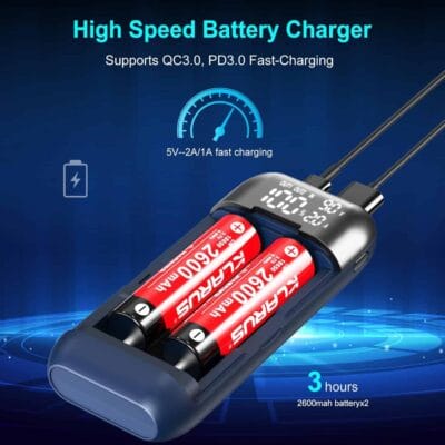 KLARUS K2A Smart Dual Slot Battery Charger & Power Bank – 2-in-1 Intelligent LED Charger for 18650, 20700 & 21700 (Protected & Unprotected) Li-ion Batteries