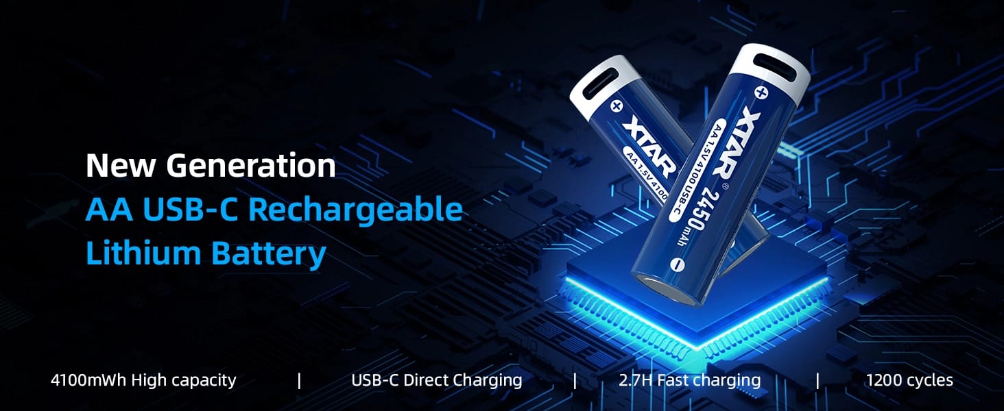 XTAR AA Lithium ion USB C Battery 1.5V 2A 4100mWh 2450mAh with LED Indicator – 4 Pack The XTAR AA USB-C Rechargeable Lithium Battery (4pcs) delivers 4100mWh / 2450mAh with a constant 1.5V, 2A output for stable, reliable power. Unlike regular rechargeables, it maintains full voltage until empty.