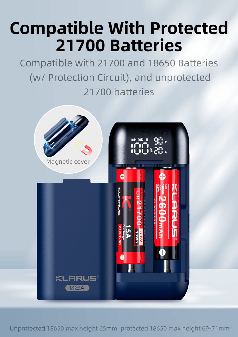 KLARUS K2A Smart Dual Slot Battery Charger & Power Bank – 2-in-1 Intelligent LED Charger for 18650, 20700 & 21700 (Protected & Unprotected) Li-ion Batteries 4 K2A Intelligent Dual Battery Charger – Fast Charging Solution