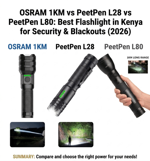 Peetpen L28 vs PeetPen L80 Vs Osram 1Km Best Flashlight in Kenya for Security Blackouts 2026 Looking for the best flashlight in Kenya? In this guide, we compare the OSRAM 1KM, Peetpen L28, and PeetPen L80 to help you choose the right rechargeable torch for your needs. Whether you need a long-range security flashlight, a compact everyday torch, or a heavy-duty option for KPLC blackouts, this comparison will help you decide. All three flashlights are manufactured by Wuben, a trusted brand known for quality LED technology and durable construction tested in Kenyan conditions.