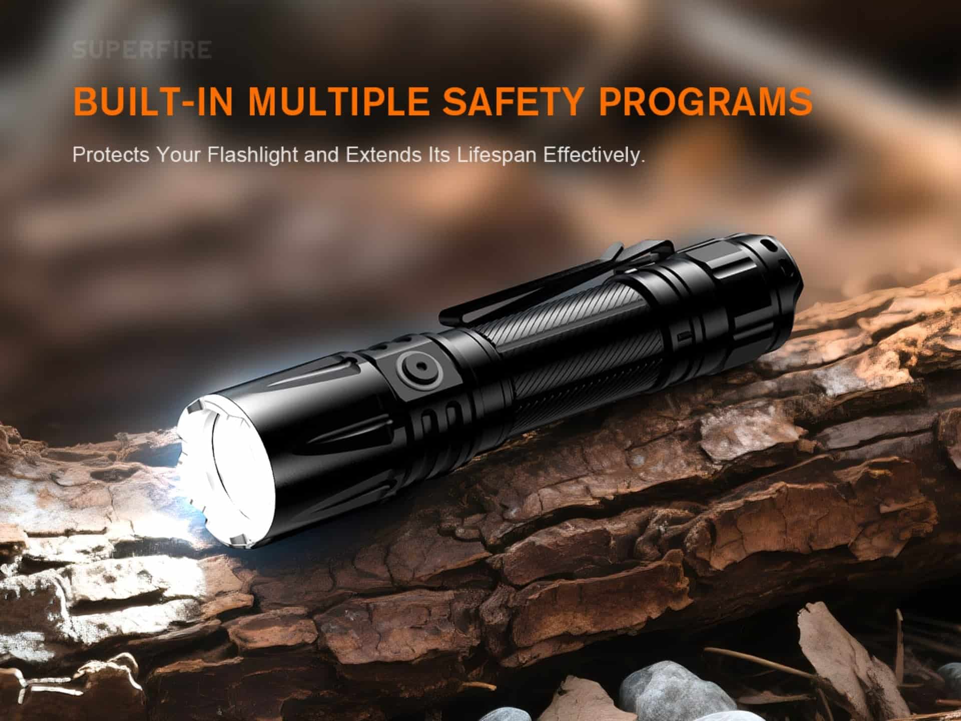 SUPERFIRE TL01 X Tactical Flashlight 1800 Lumens 325M Range 3350mAh Battery USB C Rechargeable 4 The SUPERFIRE TL01-X Tactical Flashlight is a high-performance rechargeable torch designed for users who need strong brightness, fast response control, and dependable durability. With a powerful 1800 lumens output, this flashlight gives a long-reaching beam of up to 325 metres, making it ideal for home security, patrol work, outdoor adventures, camping, blackouts, and emergency situations.