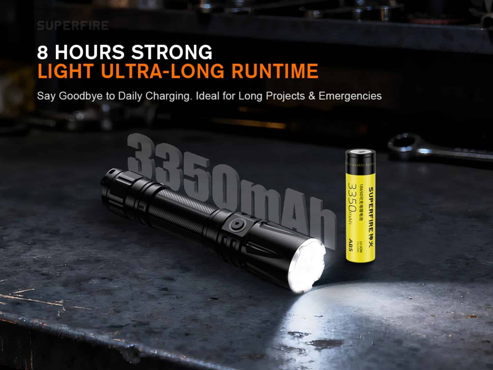 SUPERFIRE TL01 X Tactical Flashlight 1800 Lumens 325M Range 3350mAh Battery USB C Rechargeable 5 The SUPERFIRE TL01-X Tactical Flashlight is a high-performance rechargeable torch designed for users who need strong brightness, fast response control, and dependable durability. With a powerful 1800 lumens output, this flashlight gives a long-reaching beam of up to 325 metres, making it ideal for home security, patrol work, outdoor adventures, camping, blackouts, and emergency situations.