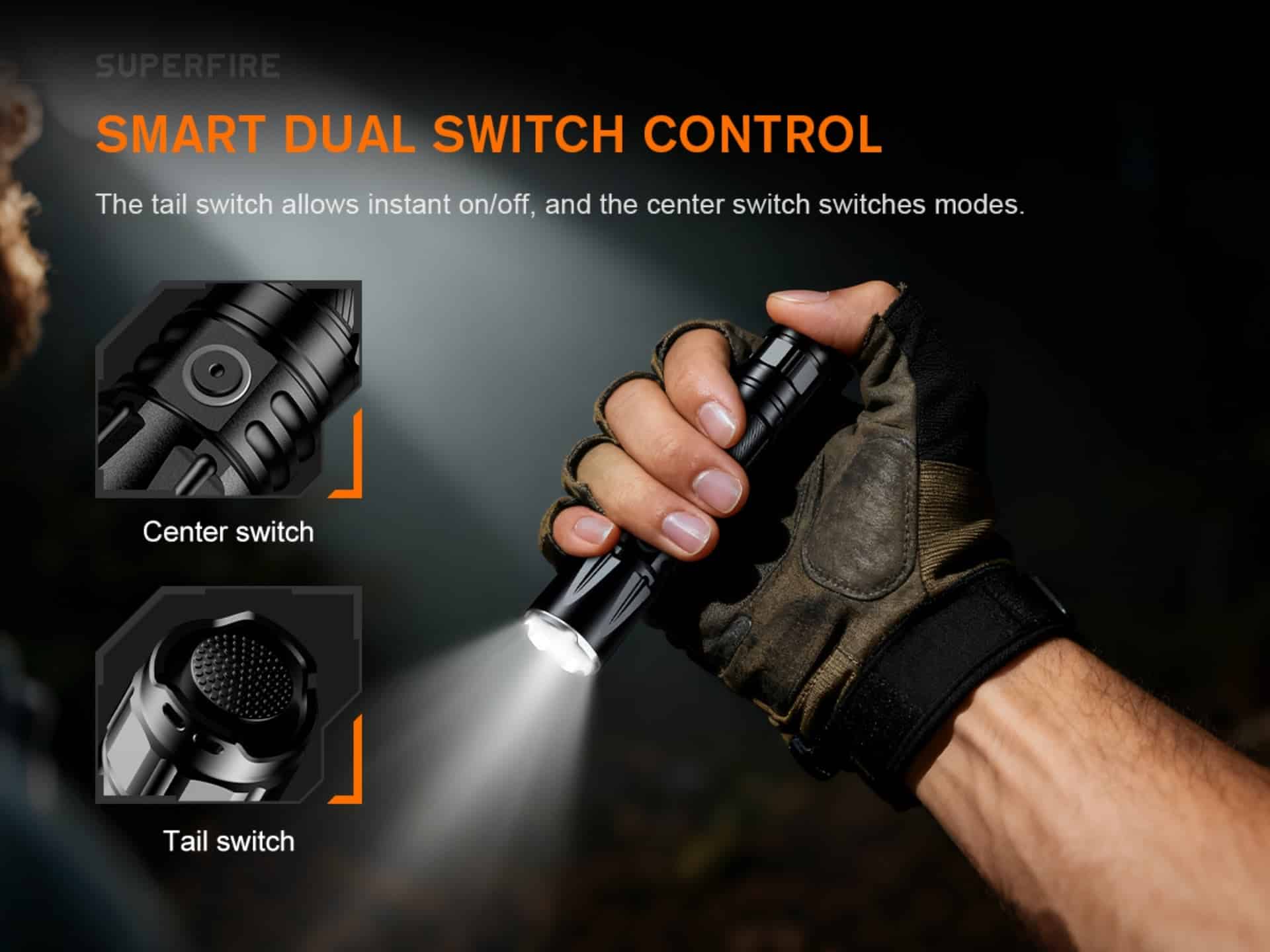 SUPERFIRE TL01 X Tactical Flashlight 1800 Lumens 325M Range 3350mAh Battery USB C Rechargeable 6 The SUPERFIRE TL01-X Tactical Flashlight is a high-performance rechargeable torch designed for users who need strong brightness, fast response control, and dependable durability. With a powerful 1800 lumens output, this flashlight gives a long-reaching beam of up to 325 metres, making it ideal for home security, patrol work, outdoor adventures, camping, blackouts, and emergency situations.