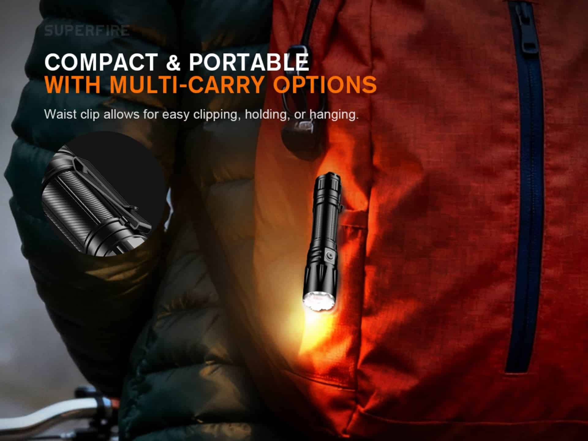 SUPERFIRE TL01 X Tactical Flashlight 1800 Lumens 325M Range 3350mAh Battery USB C Rechargeable 7 The SUPERFIRE TL01-X Tactical Flashlight is a high-performance rechargeable torch designed for users who need strong brightness, fast response control, and dependable durability. With a powerful 1800 lumens output, this flashlight gives a long-reaching beam of up to 325 metres, making it ideal for home security, patrol work, outdoor adventures, camping, blackouts, and emergency situations.