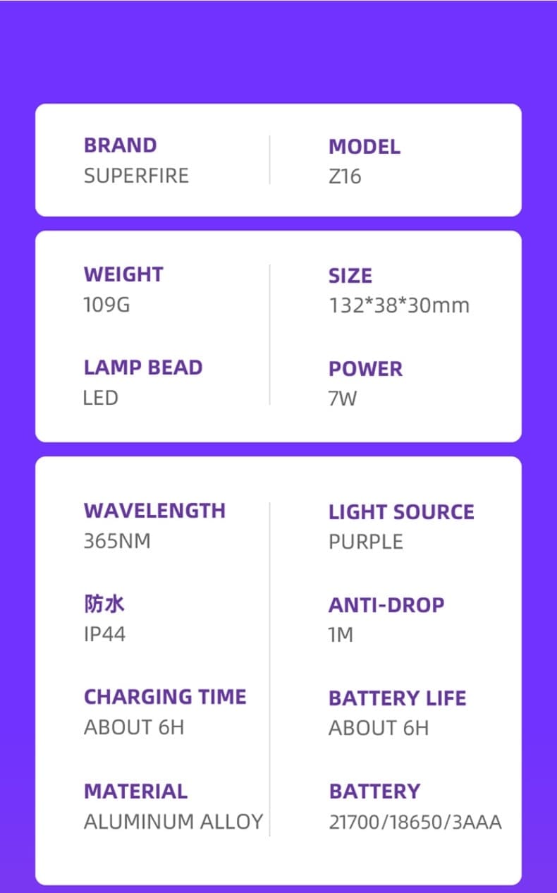 Superfire vZ16 UV Flashlight 365nm for Leak Detection, Pet Stains, Currency Checking & Inspection, snake 14 Superfire vZ16 UV Flashlight 365nm for Leak Detection Pet Stains Currency Checking Inspection 11 The Superfire Z16 UV Flashlight 365nm is a genuine 365nm UV torch made for users who want better performance than ordinary 395nm UV lights. It gives off a cleaner, stronger UV beam that helps reveal things you cannot easily see under normal light. This makes it useful for checking stains, leaks, security markings, gemstones, and many other inspection jobs at home, in business, or in the workshop.