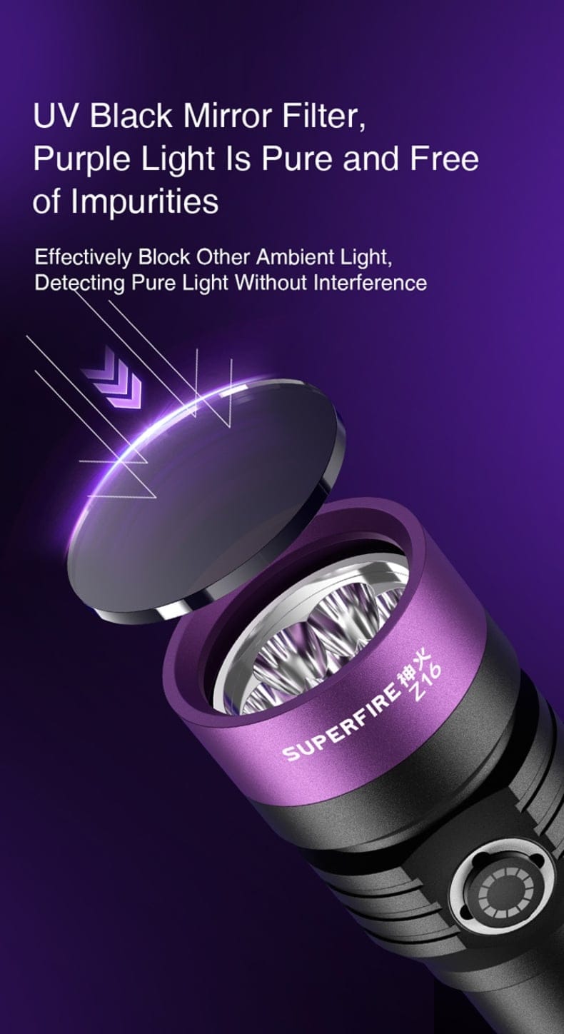 Superfire vZ16 UV Flashlight 365nm for Leak Detection, Pet Stains, Currency Checking & Inspection, snake 6 Superfire vZ16 UV Flashlight 365nm for Leak Detection Pet Stains Currency Checking Inspection 3 The Superfire Z16 UV Flashlight 365nm is a genuine 365nm UV torch made for users who want better performance than ordinary 395nm UV lights. It gives off a cleaner, stronger UV beam that helps reveal things you cannot easily see under normal light. This makes it useful for checking stains, leaks, security markings, gemstones, and many other inspection jobs at home, in business, or in the workshop.
