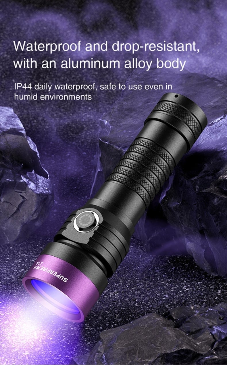 Superfire vZ16 UV Flashlight 365nm for Leak Detection, Pet Stains, Currency Checking & Inspection, snake 11 Superfire vZ16 UV Flashlight 365nm for Leak Detection Pet Stains Currency Checking Inspection 8 The Superfire Z16 UV Flashlight 365nm is a genuine 365nm UV torch made for users who want better performance than ordinary 395nm UV lights. It gives off a cleaner, stronger UV beam that helps reveal things you cannot easily see under normal light. This makes it useful for checking stains, leaks, security markings, gemstones, and many other inspection jobs at home, in business, or in the workshop.
