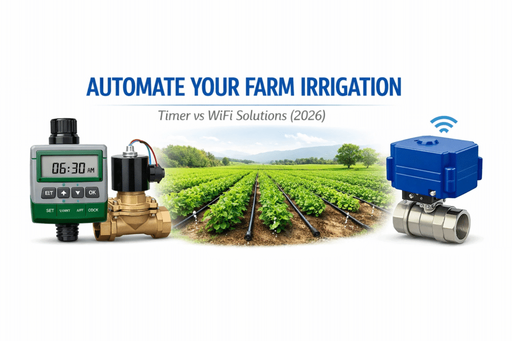 irrigation banner with text Looking to automate your farm irrigation in Kenya? In this guide, we compare two proven approaches: timer-based systems (using solenoid valves) and WiFi smart systems (using ball valve actuators). Whether you manage a small kitchen garden, a medium-sized farm, or a large commercial plot, this comparison will help you choose the right automation solution to save water, reduce labor, and increase crop yields.