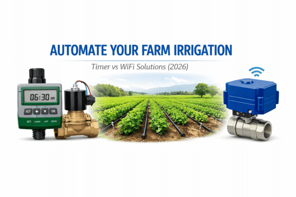 irrigation banner with text Looking to automate your farm irrigation in Kenya? In this guide, we compare two proven approaches: timer-based systems (using solenoid valves) and WiFi smart systems (using ball valve actuators). Whether you manage a small kitchen garden, a medium-sized farm, or a large commercial plot, this comparison will help you choose the right automation solution to save water, reduce labor, and increase crop yields.