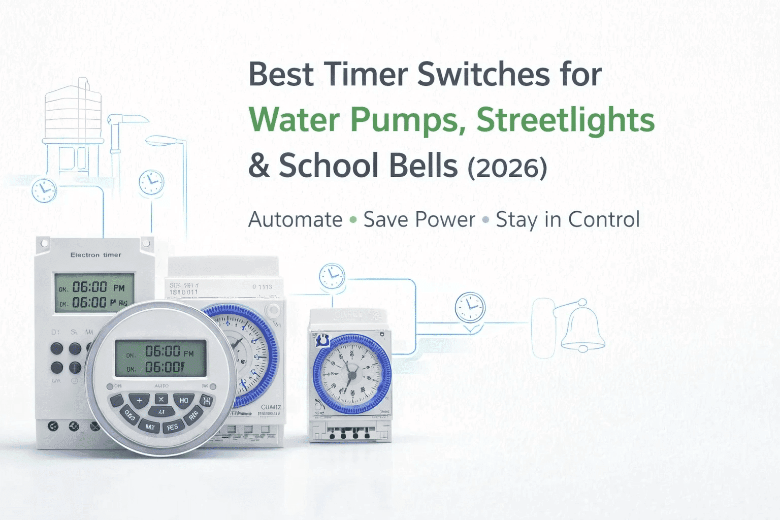 Best Timer Switches for Water Pumps, Streetlights & School Bells in Kenya (2026) 1 timer switches banner white Whether you need to automate your water pump, control streetlights, enhance security lighting, or manage school bells with second-level precision, the right timer switch can save you time, money, and hassle. Discover Kenya's most reliable programmable timer switches for 2026.