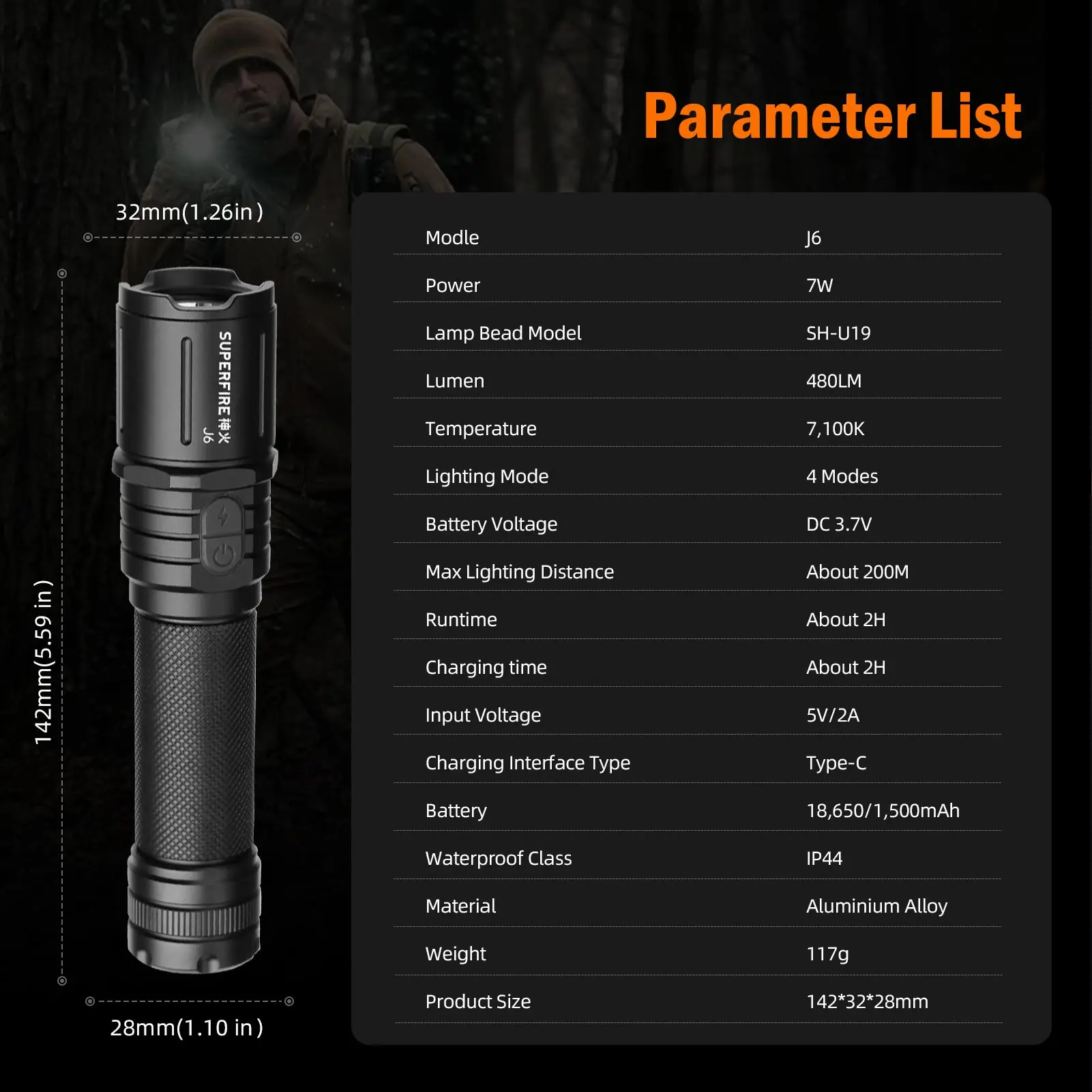 SUPERFIRE J6 Rechargeable Flashlight 8 The SUPERFIRE J6 Rechargeable Flashlight is a powerful, compact, and reliable lighting solution designed for everyday and professional use. With 480 lumens brightness and a beam distance of up to 200 meters, it delivers clear visibility for security, outdoor activities, and emergency situations.
